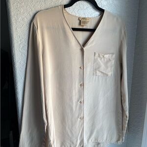 Vintage 90s Silk Long Sleeve Neutral Minimalist Button Down Blouse M